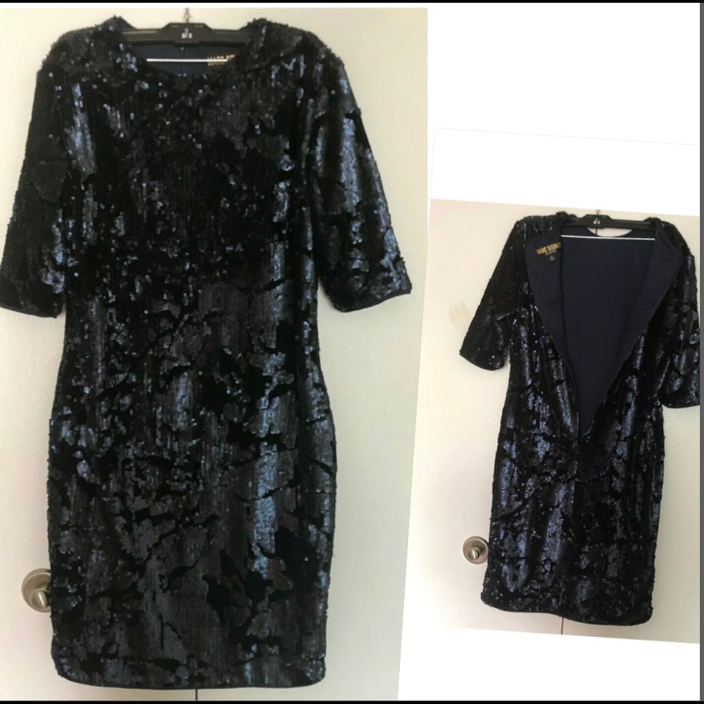 Marc Bouwer Party Dress Sz M Evenings Prom Paillettes Sequin Embellished Navy
